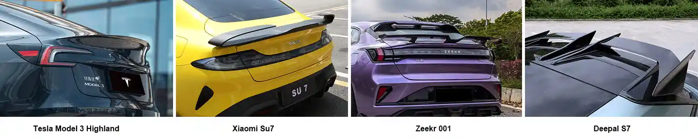 Carbon Fiber Spoiler Development Projects for Tesla Model 3 Highland, Xiaomi Su7, Zeekr 001,and Deepal S7