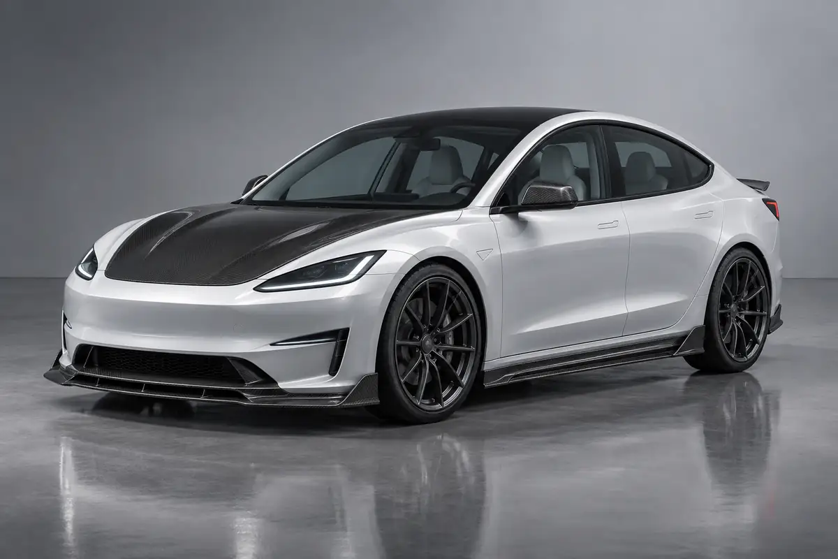 Tesla Model 3 Highland body kit with carbon fiber front lip side skirts rear diffuser spoiler and hood