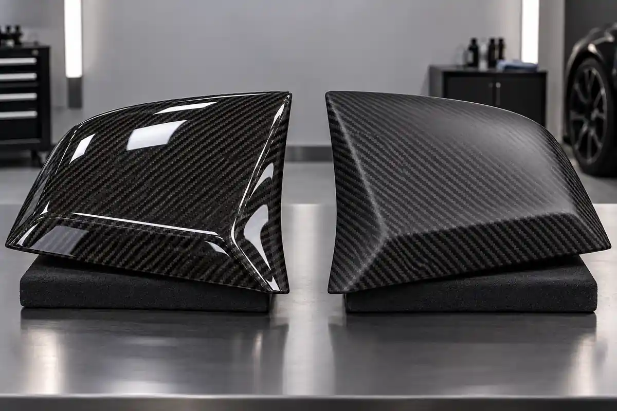 Gloss and matte carbon fiber automotive panels showing different surface reflections