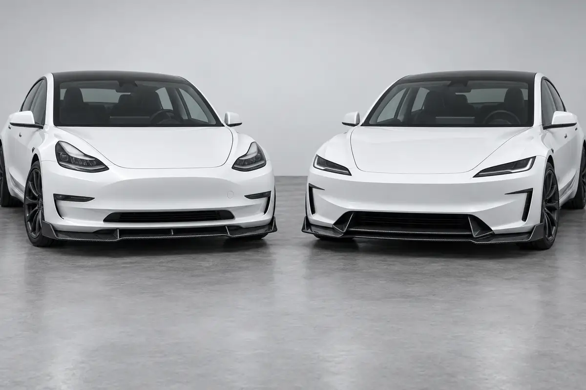 Pre-refresh Model 3 compared with the refreshed Model 3 Highland front body shape