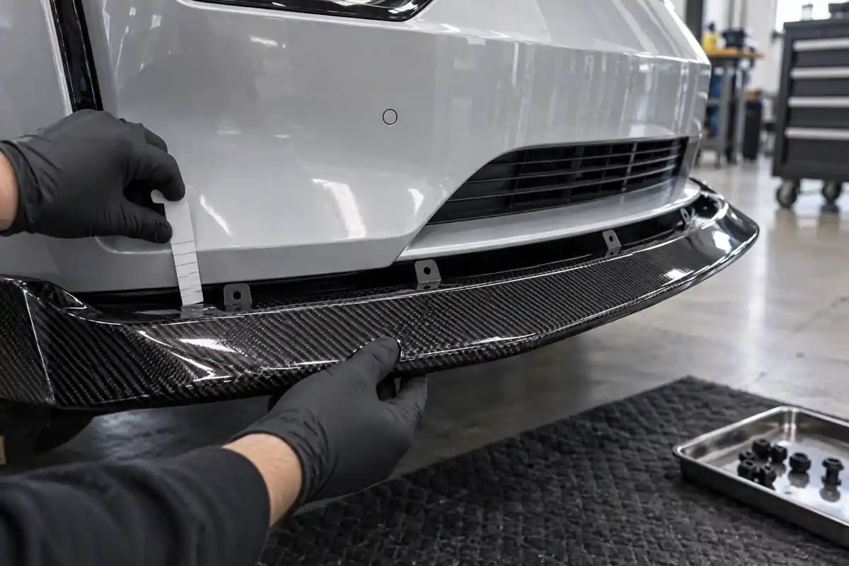 Carbon fiber front lip test fit on a Model 3 Highland style bumper