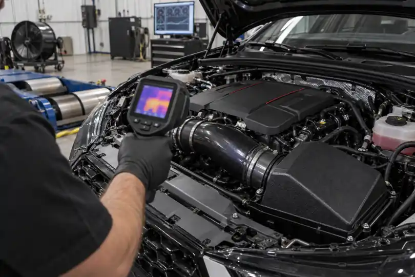 Technician measuring intake-system heat soak with a thermal camera