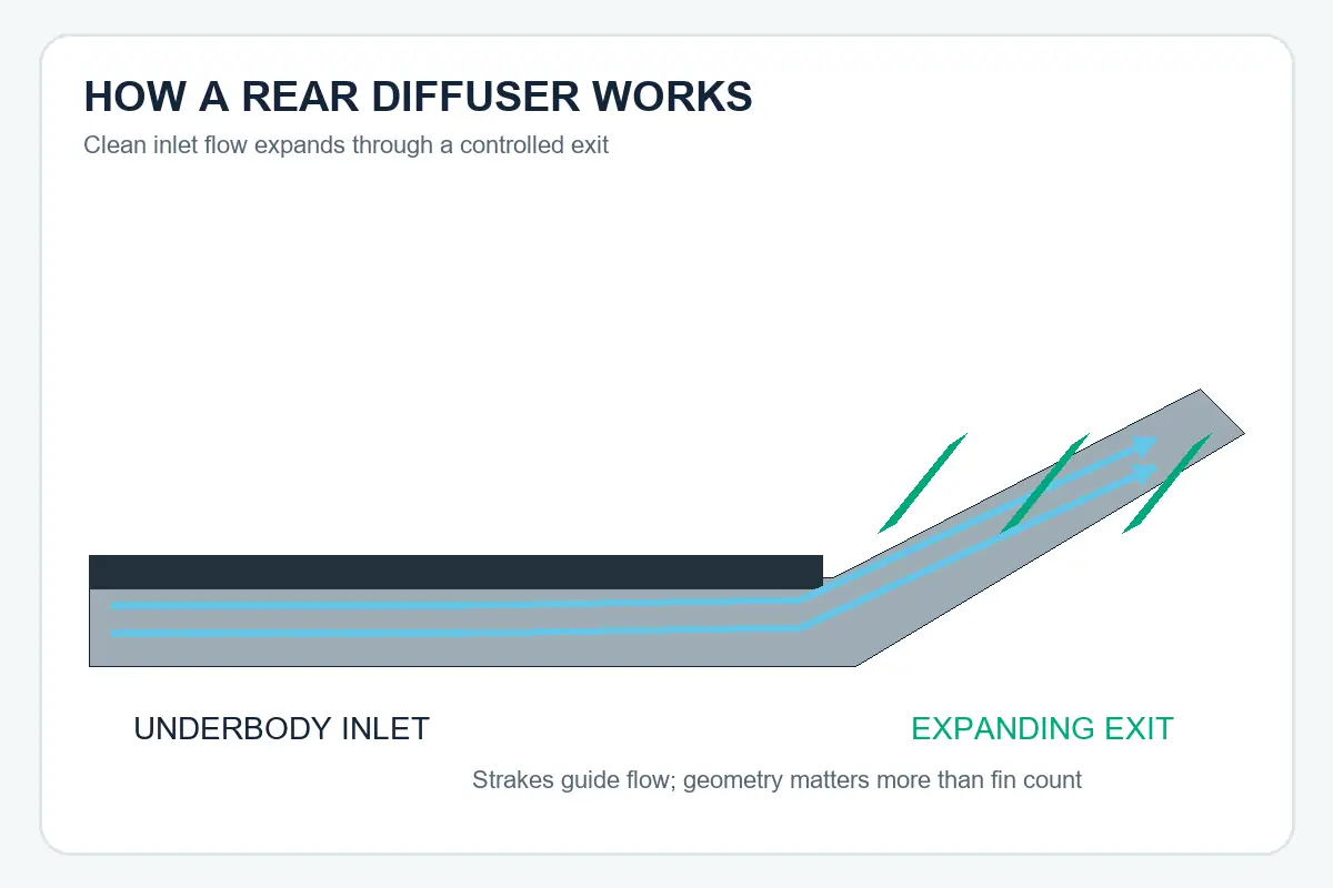 Underbody airflow entering and expanding through a rear diffuser