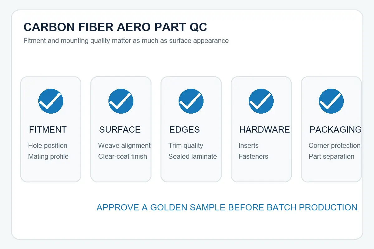 Carbon fiber automotive aero parts undergoing fitment and surface quality inspection