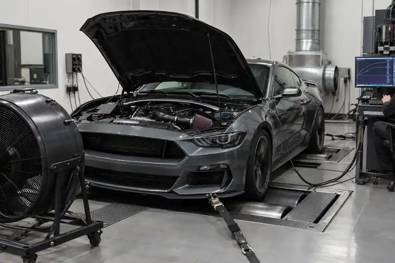 Performance car undergoing chassis-dyno testing with an aftermarket intake