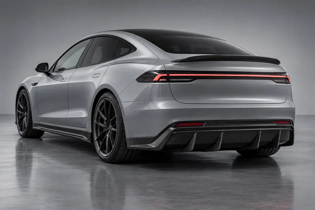 Model 3 Highland style rear diffuser side skirts and carbon fiber trunk spoiler