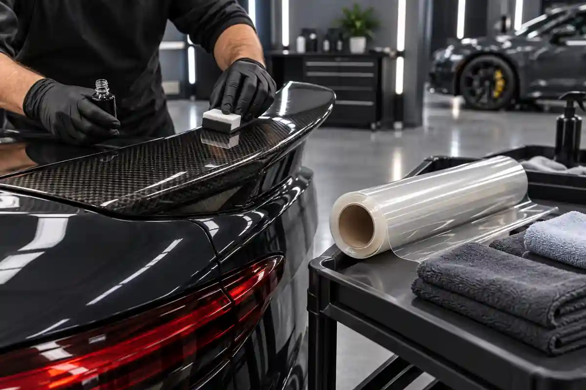 Ceramic coating and paint protection film applied to glossy automotive carbon fiber