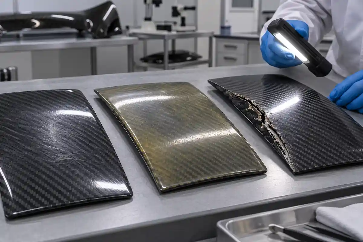 Carbon fiber swirl marks yellowed clear coat and structural delamination under inspection