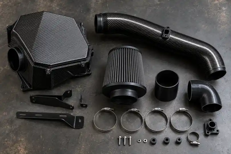 Carbon fiber cold air intake kit components arranged before installation