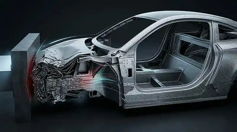 Carbon fiber crash structure showing superior impact energy absorption compared to aluminum