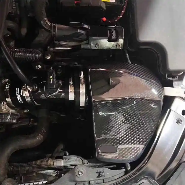 Gloss 3K twill carbon fiber Mazda air intake installed in engine bay