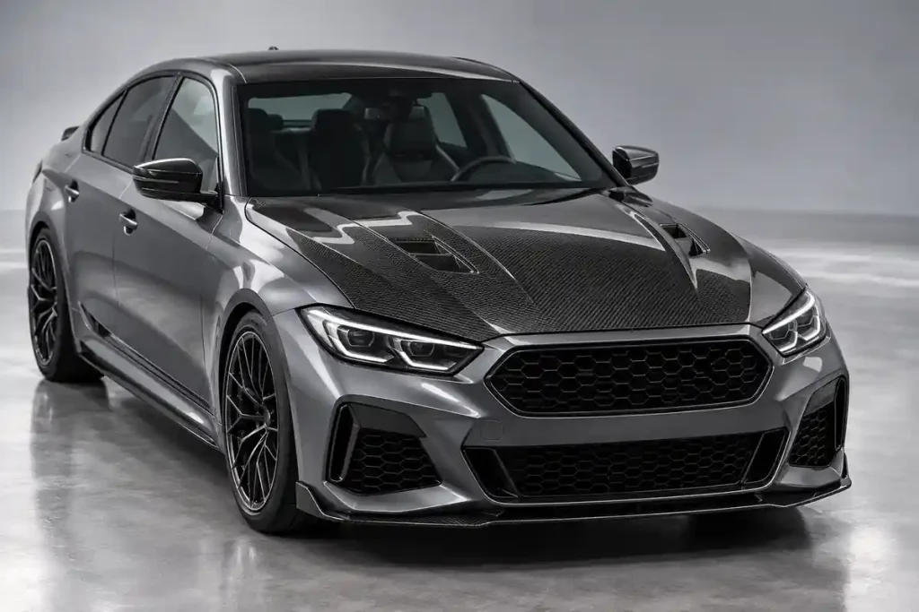 Carbon fiber hood fitted to a modern performance car with even panel gaps