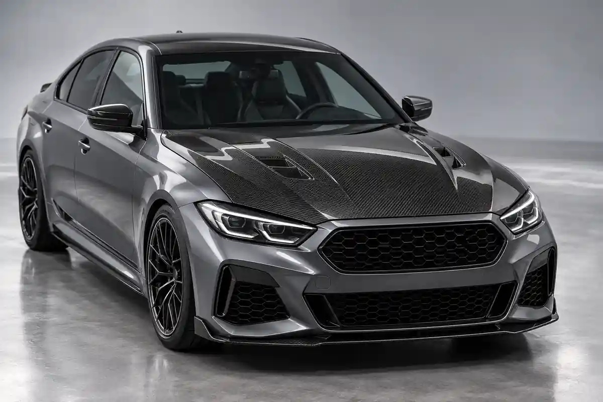 Carbon fiber hood fitted to a modern performance car with even panel gaps