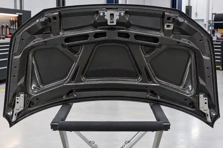 Carbon fiber hood underside with hinge latch reinforcement and sealed edges