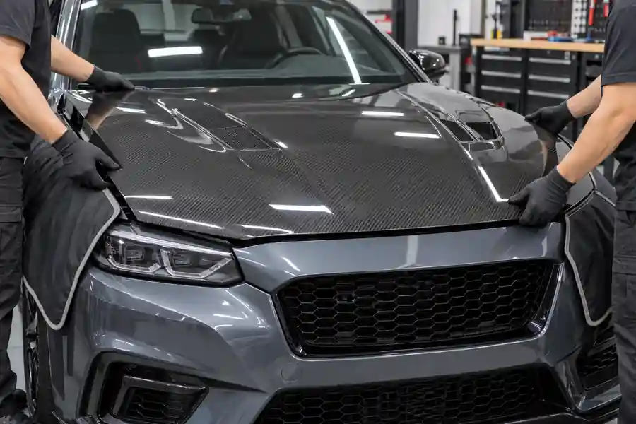 Two technicians dry-fitting a carbon fiber hood and checking panel alignment