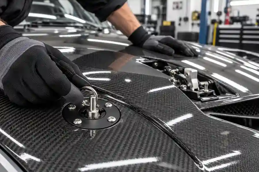 Secondary hood pin retention system installed on a carbon fiber hood
