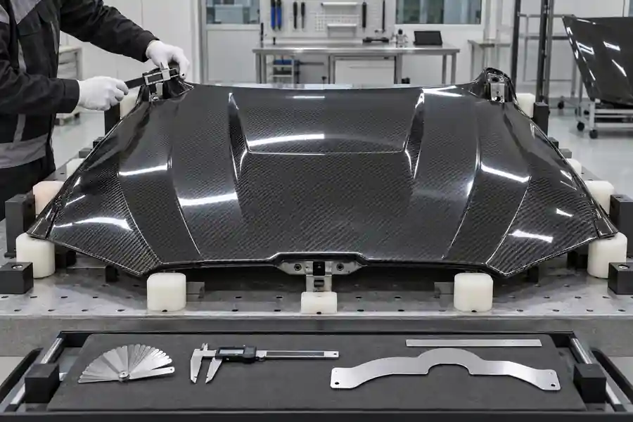 Carbon fiber hood quality control checking hinge latch dimensions and surface finish